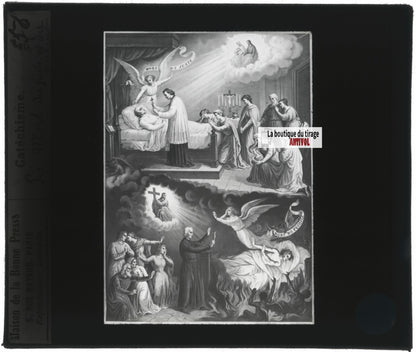 Scène religieuse, catéchisme, dessin peinture, plaque verre, positif 8,5x10 cm