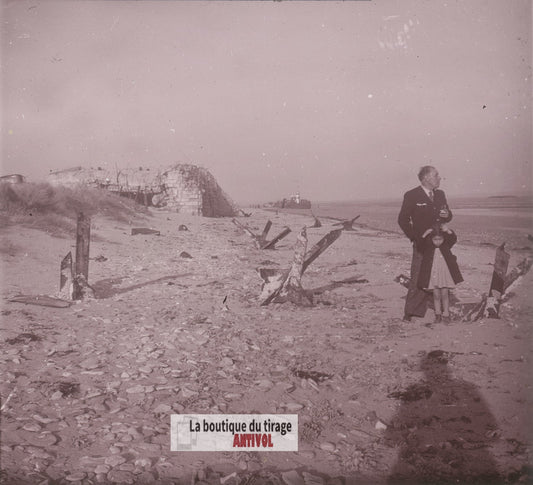 Mur de l’Atlantique, débarquement, plaque verre photo ancienne stéréo 6x13 cm