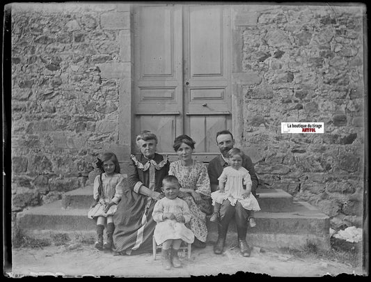 Famille, enfants, Plaque verre photo ancienne, négatif noir & blanc 9x12 cm