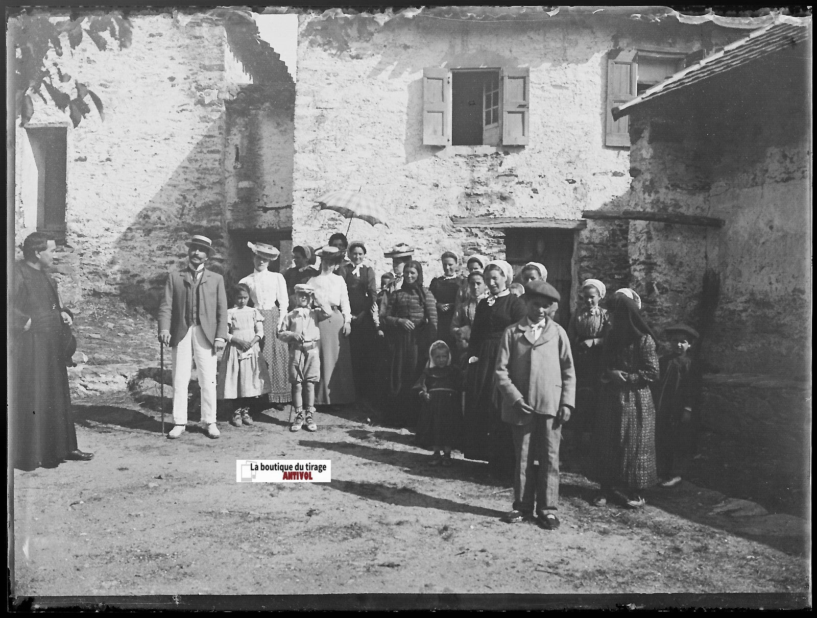 Groupe de personnes, Plaque verre photo négatif noir & blanc 9x12 cm France