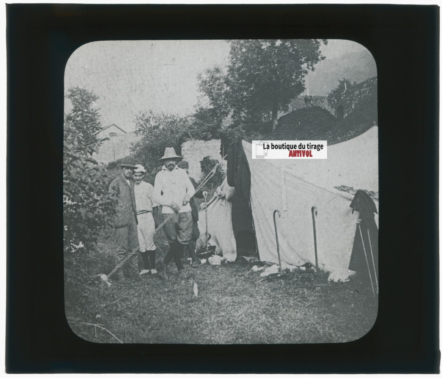 Campeurs, hommes, photo ancienne plaque verre, noir & blanc, positif 8,5x10 cm
