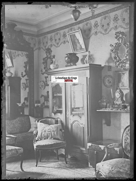 Appartement, intérieur, Plaque verre photo, négatif noir & blanc 9x12 cm