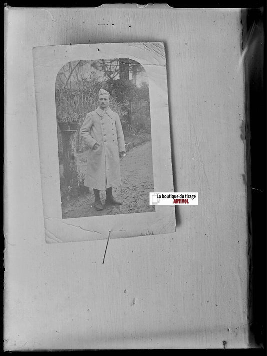 Soldat, militaire, Plaque verre photo ancienne, négatif noir & blanc 9x12 cm