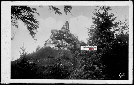 Plaque verre photo, négatif noir & blanc 9x14 cm, Dabo, Chapelle et hôtel, forêt