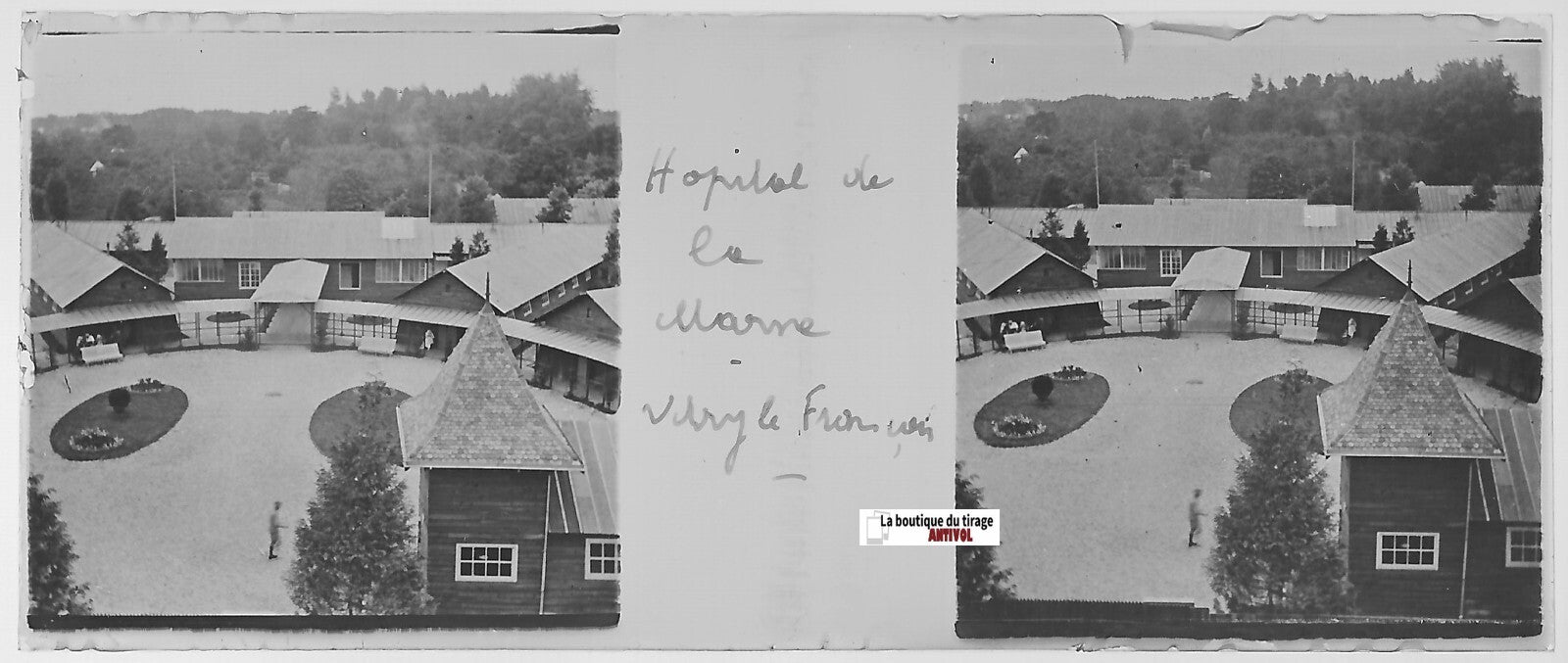 Vitry-le-François hôpital, Plaque verre stéréo, positif noir & blanc 4,5x10,7 cm