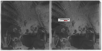 Famille, mer, palmier, stéréoscopie plaque ancienne verre, négatif 9x18 cm