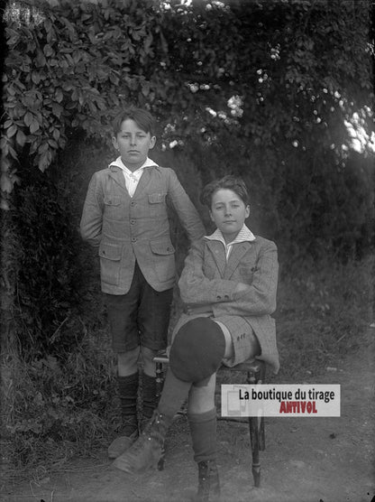 Portrait de deux garçons, plaque verre photo ancienne, négatif 9x12 cm
