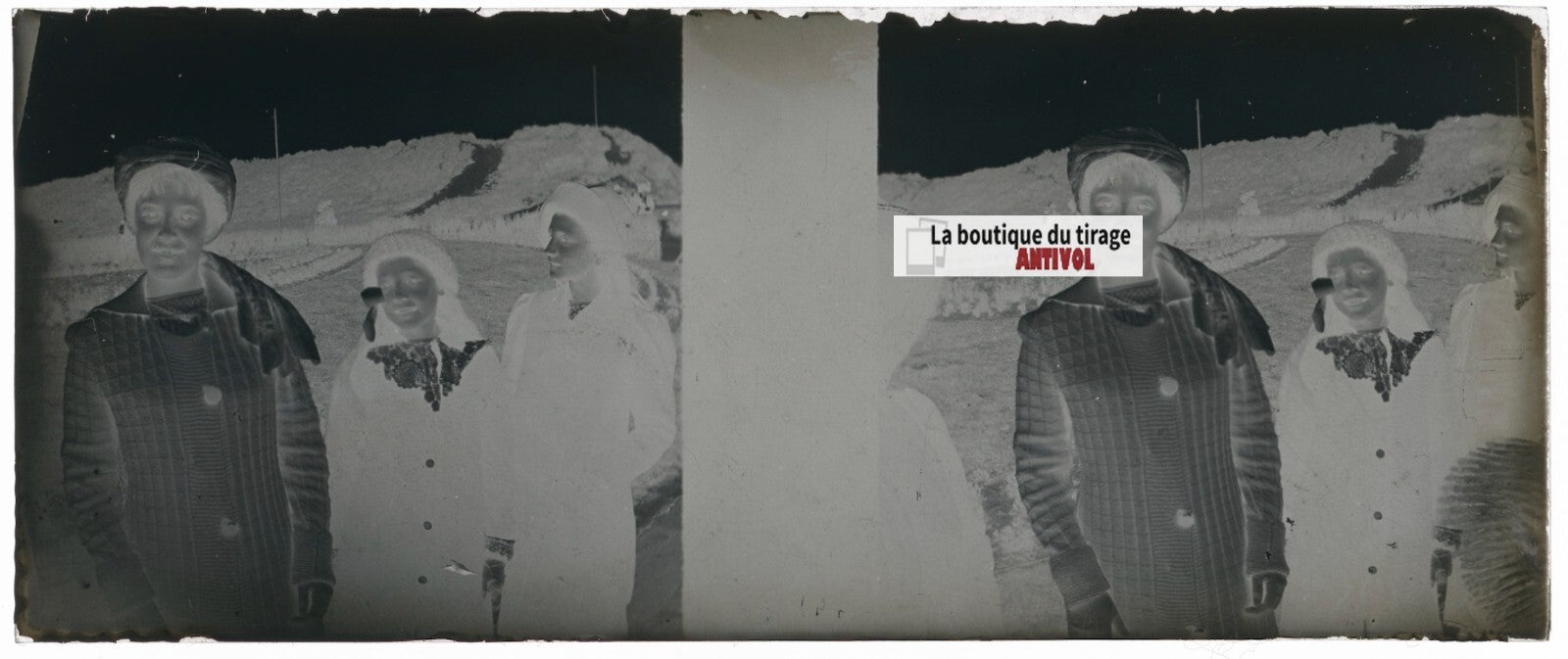 Famille, Belgique, Plaque verre stéréoscopie, négatif noir & blanc 4,5x10,7 cm