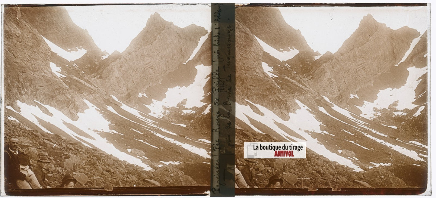 Pic Rouge de Pailla, plaque verre, photo ancienne stéréoscopie, sépia 6x13 cm