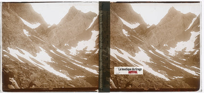 Pic Rouge de Pailla, plaque verre, photo ancienne stéréoscopie, sépia 6x13 cm