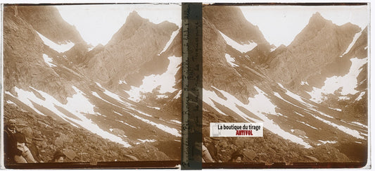 Pic Rouge de Pailla, plaque verre, photo ancienne stéréoscopie, sépia 6x13 cm