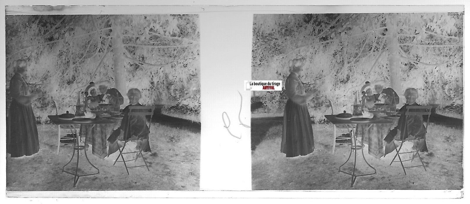 Repas, dîner, Plaque verre photo stéréo, négatif noir & blanc 4,5x10,7 cm