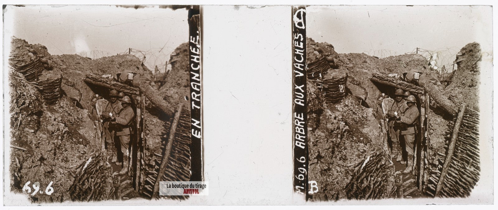 Arbre aux Vaches, tranchée guerre WW1, plaque verre stéréo, photo 4,5x10,7 cm