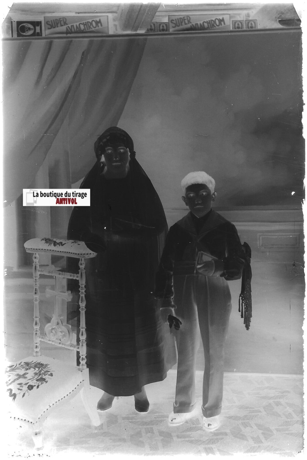 Communion, enfants, Plaque verre photo, négatif noir & blanc 10x15 cm France