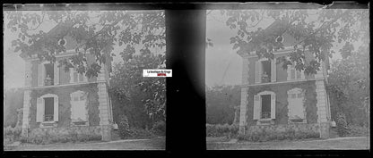 Maison, jardin, Plaque verre photo stéréo, négatif noir & blanc 4,5x10,7 cm