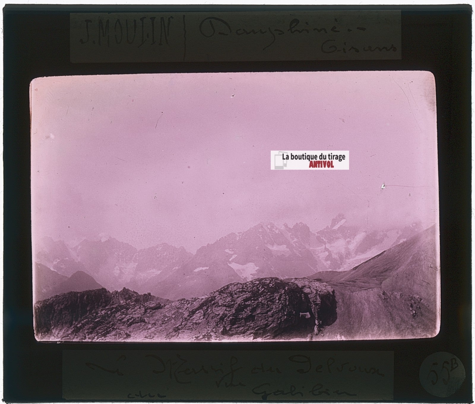 Mont Pelvoux, Galibier, photo J. Moulin, plaque verre couleur, positif 8,5x10 cm