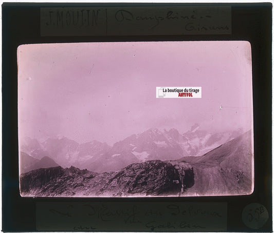 Mont Pelvoux, Galibier, photo J. Moulin, plaque verre couleur, positif 8,5x10 cm