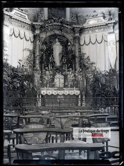 Autel richement décoré, église, plaque verre photo ancienne, négatif 9x12 cm