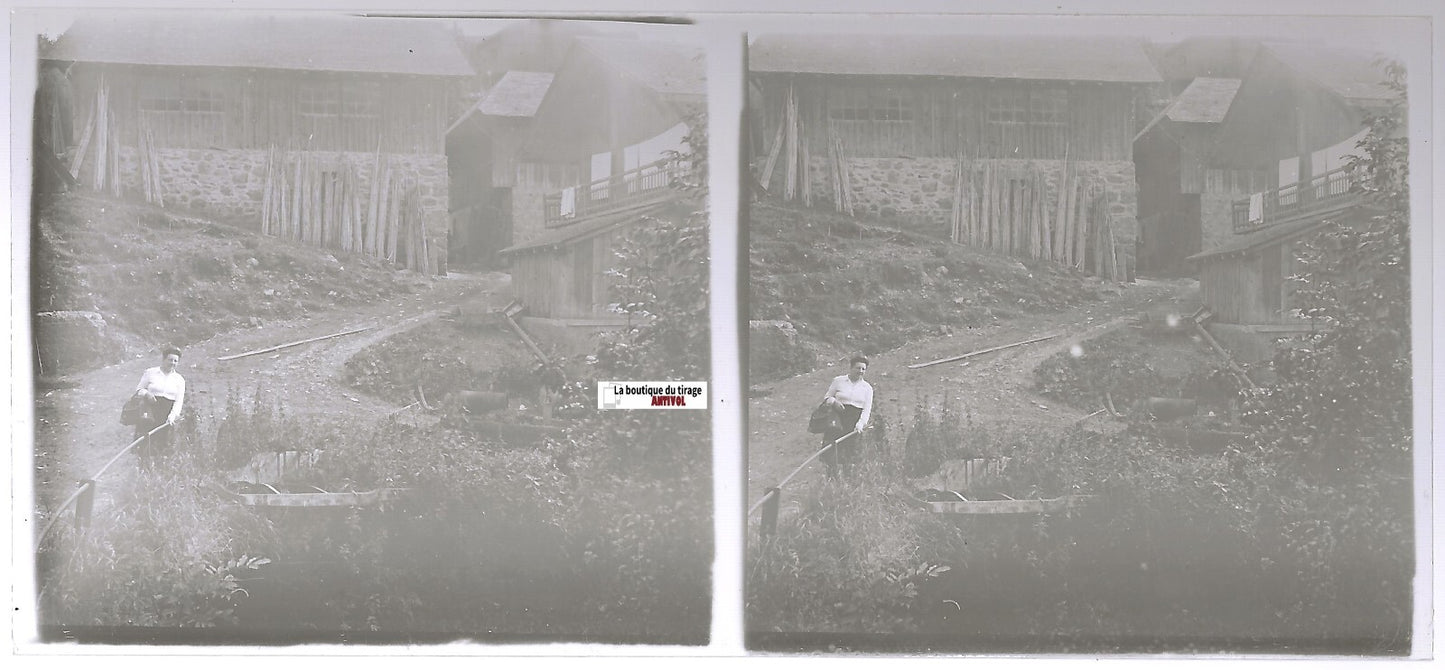 Village de montagne, Plaque verre photo stéréo, positif noir & blanc 6x13 cm