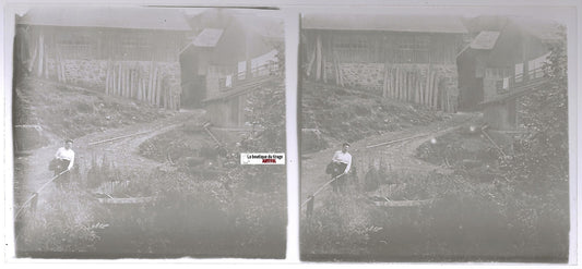 Village de montagne, Plaque verre photo stéréo, positif noir & blanc 6x13 cm