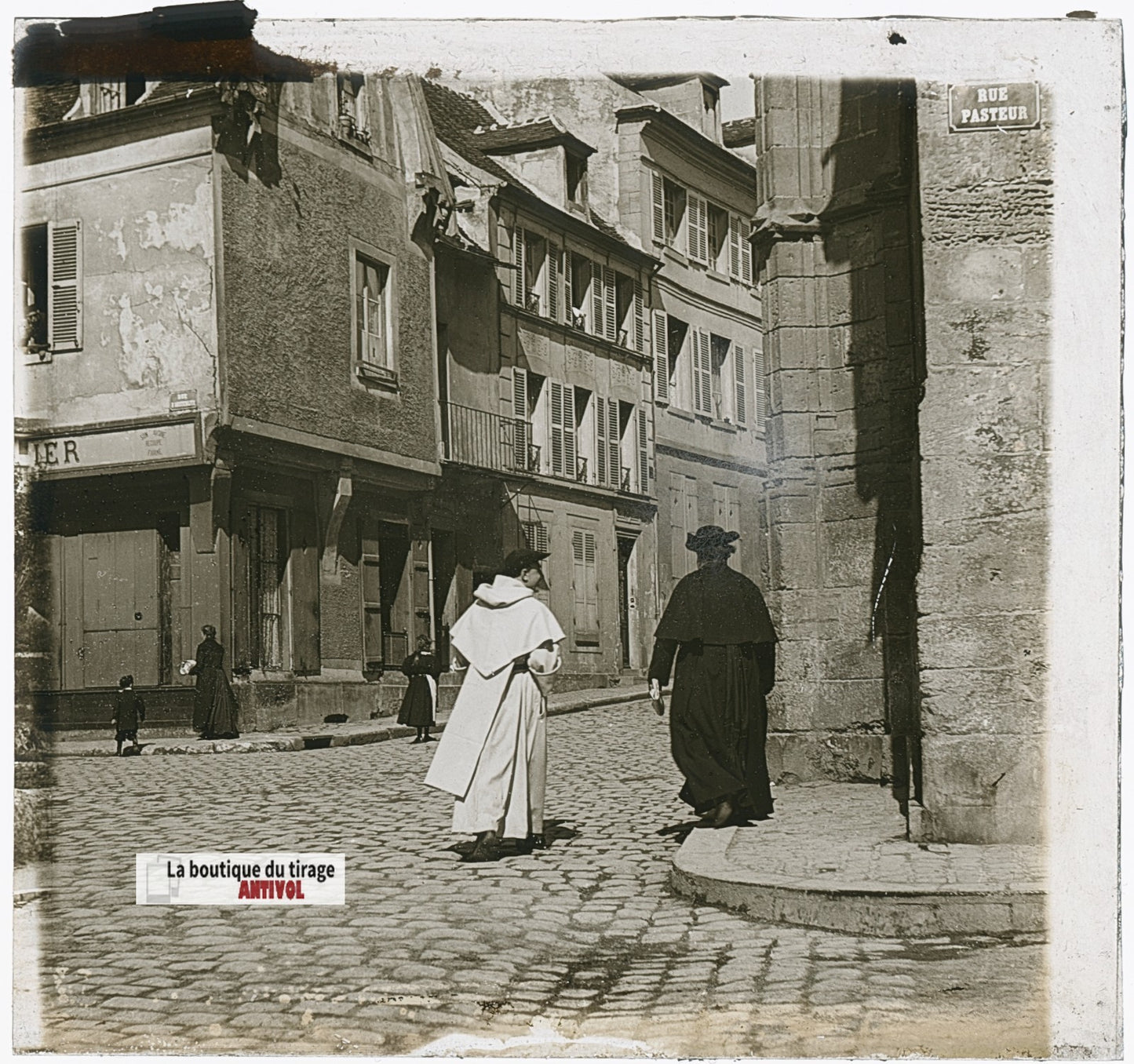Rue Pasteur, ville, photo ancienne plaque verre, noir & blanc, 8,1x8,7 cm