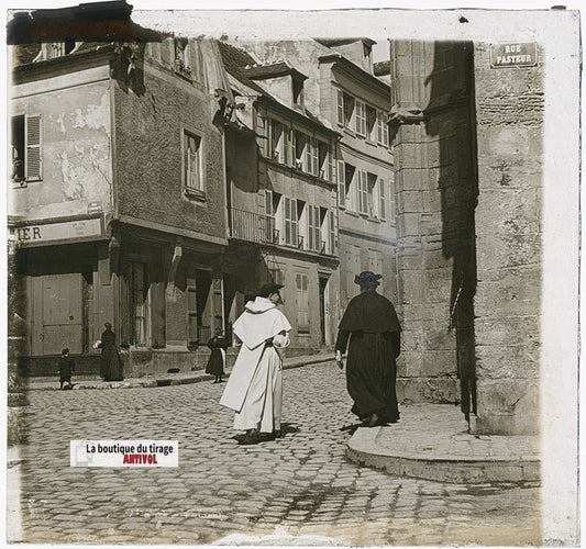 Rue Pasteur, ville, photo ancienne plaque verre, noir & blanc, 8,1x8,7 cm
