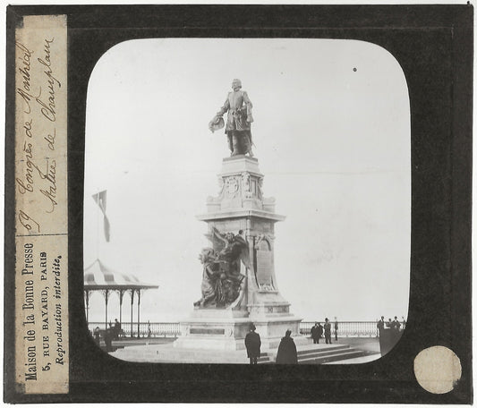 Statue Samuel de Champlain, Québec, photo plaque de verre, positif 8,5x10 cm