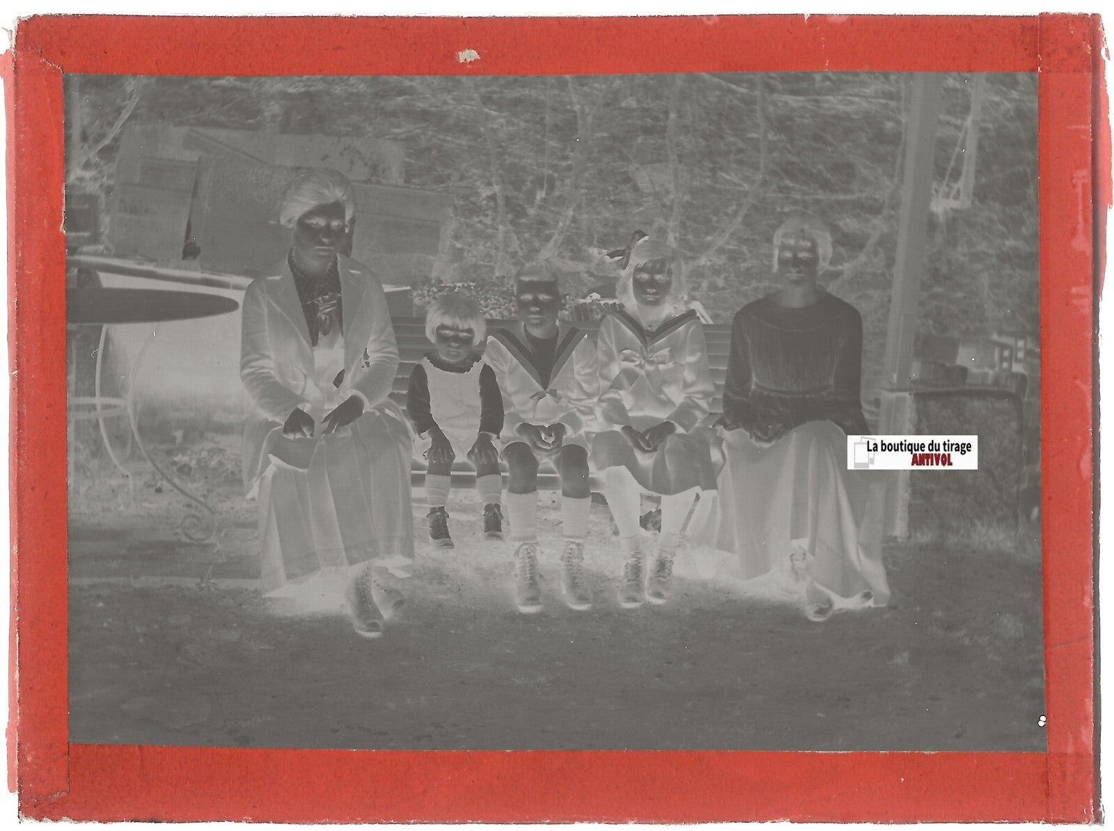 Famille, enfants, Plaque verre photo ancienne, négatif noir & blanc 9x12 cm