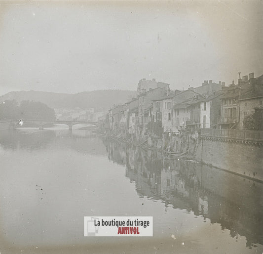 La Moselle, Épinal, Vosges, plaque verre stéréo, photo ancienne 4,5x10,7 cm