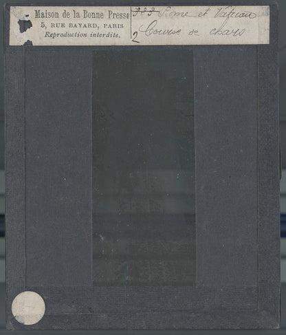 Course de chars, dessin, Rome, photo ancienne plaque de verre, positif 8,5x10 cm