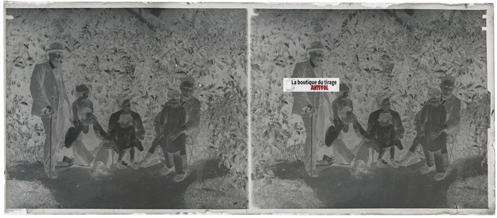 Famille, personnages, stéréo photo ancienne plaque verre, négatif 8x18 cm