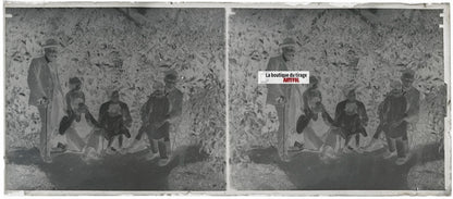 Famille, personnages, stéréo photo ancienne plaque verre, négatif 8x18 cm