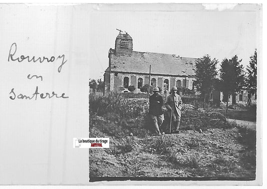 Eglise Rouvroy-en-Santerre, Plaque verre stéréo positif noir & blanc 4,5x10,7 cm