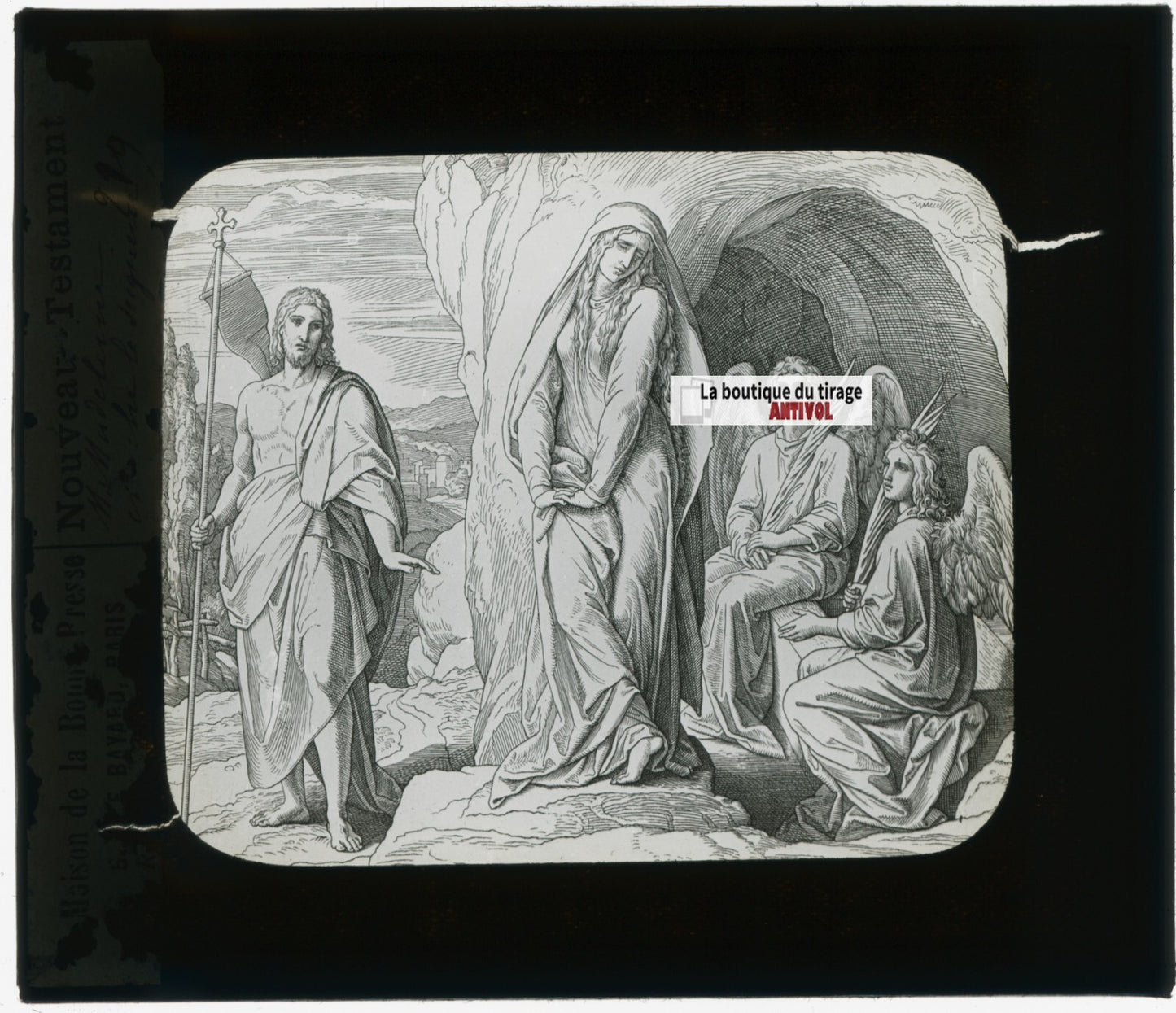 Scène religieuse, dessin, plaque de verre, noir & blanc, positif 8,5x10 cm