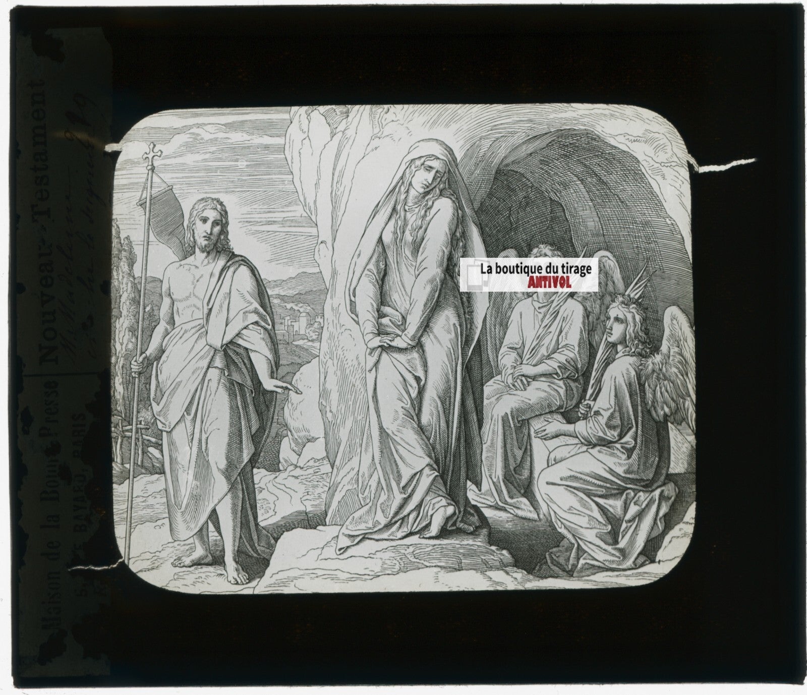 Scène religieuse, dessin, plaque de verre, noir & blanc, positif 8,5x10 cm