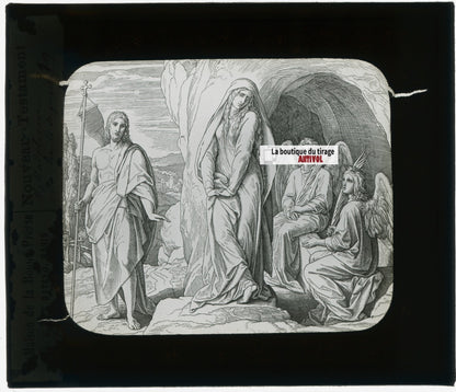 Scène religieuse, dessin, plaque de verre, noir & blanc, positif 8,5x10 cm