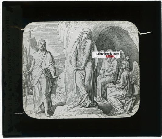 Scène religieuse, dessin, plaque de verre, noir & blanc, positif 8,5x10 cm