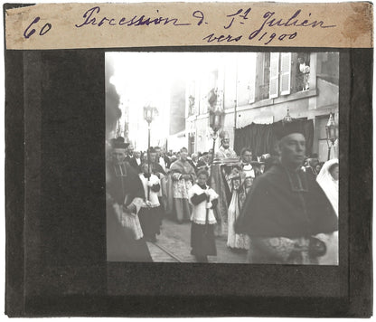 Procession Saint-Julien, 1900, photo ancienne plaque de verre, positif 8,5x10 cm