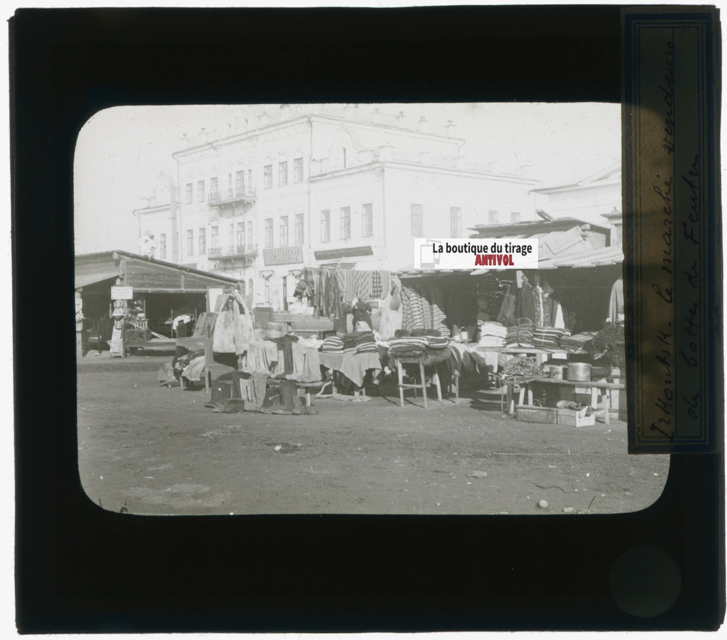 Marché Irkoutsk, Russie, photo plaque verre, noir & blanc, positif 8,5x10 cm