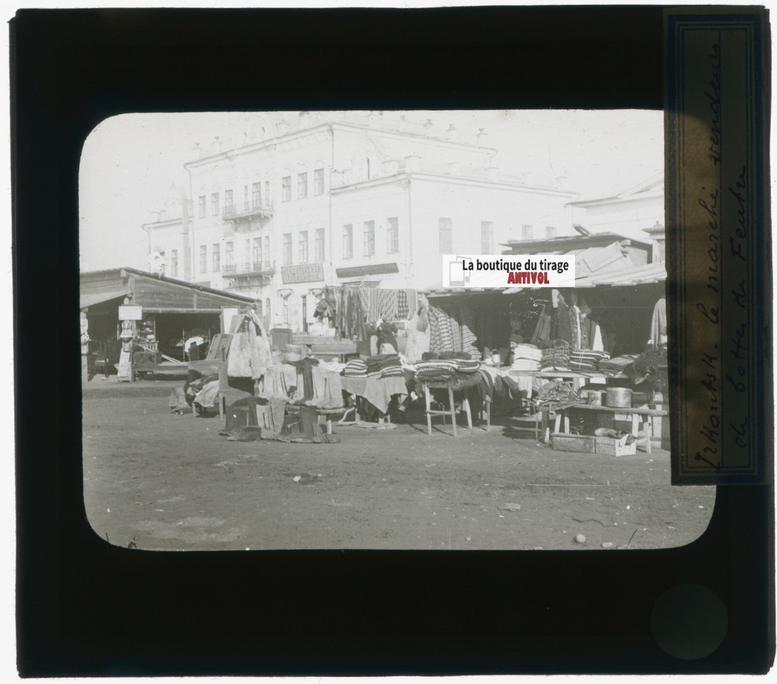 Marché Irkoutsk, Russie, photo plaque verre, noir & blanc, positif 8,5x10 cm