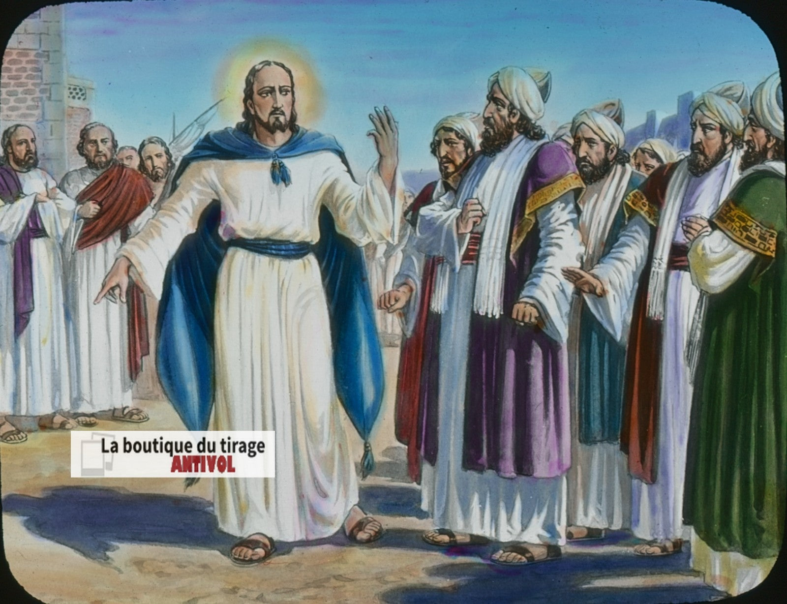 Les pharisiens, Jésus, Vignola, dessin, plaque verre ancienne, couleur 8,5x10 cm