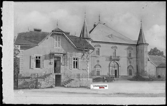 Plaque verre photo, négatif noir & blanc 9x14 cm, Mouthe, La Poste, voiture