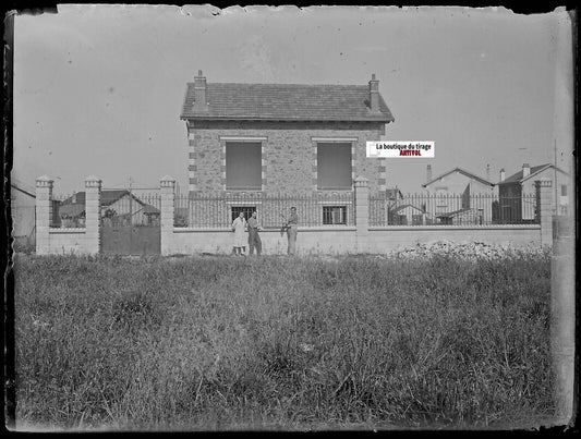 Maison, construction, Plaque verre photo ancienne, négatif noir & blanc 9x12 cm