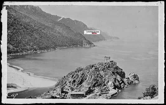 Plaque verre photo négatif noir & blanc 9x14 cm, Piana, Corse, Golfe Porto