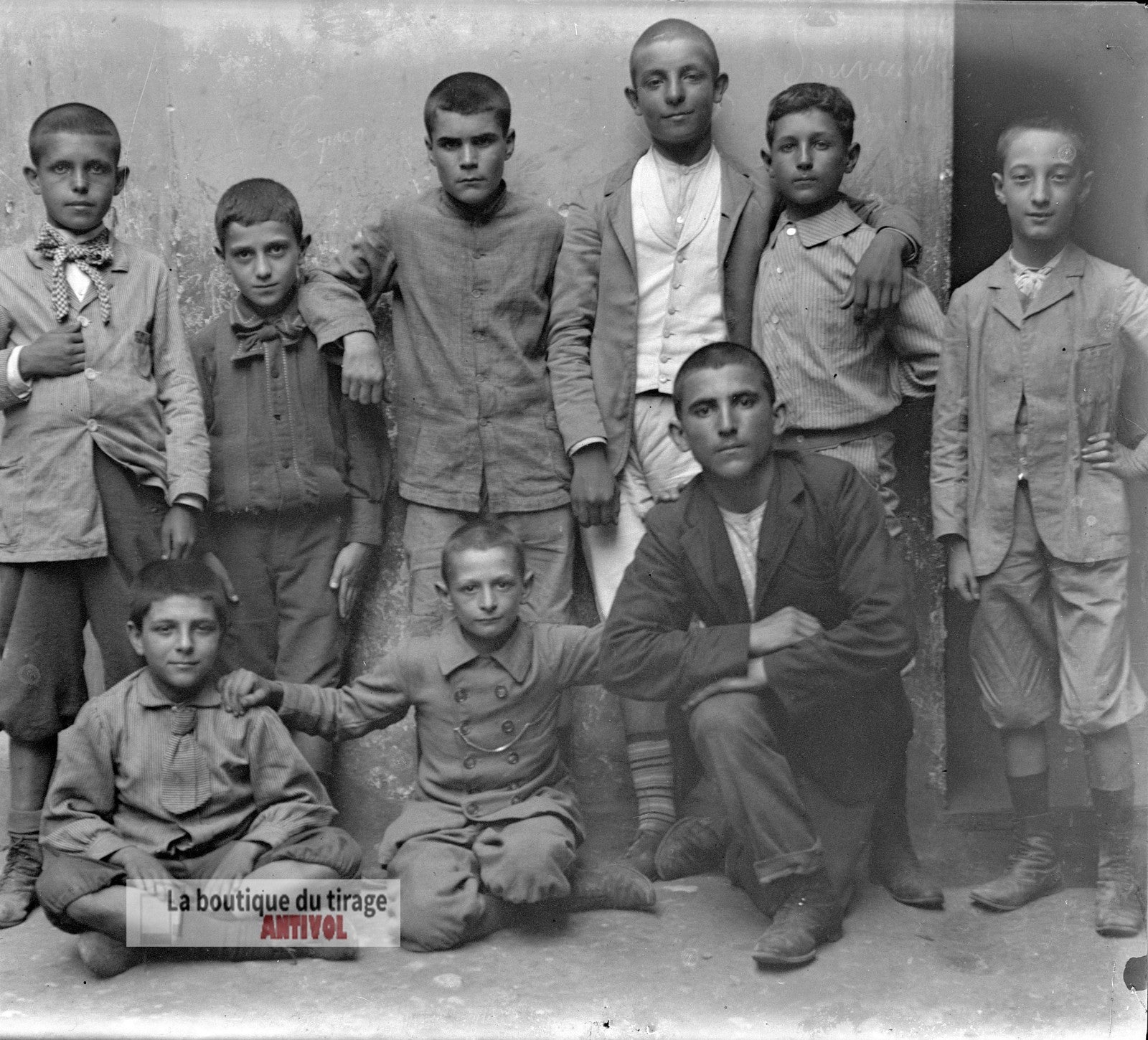 Groupe d'enfants, garçons, plaque verre, photo ancienne, négatif 9x12 cm