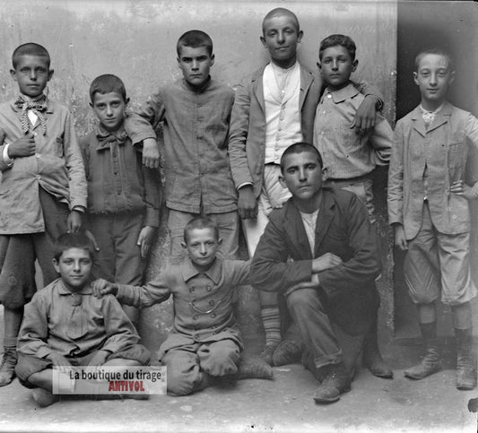 Groupe d'enfants, garçons, plaque verre, photo ancienne, négatif 9x12 cm