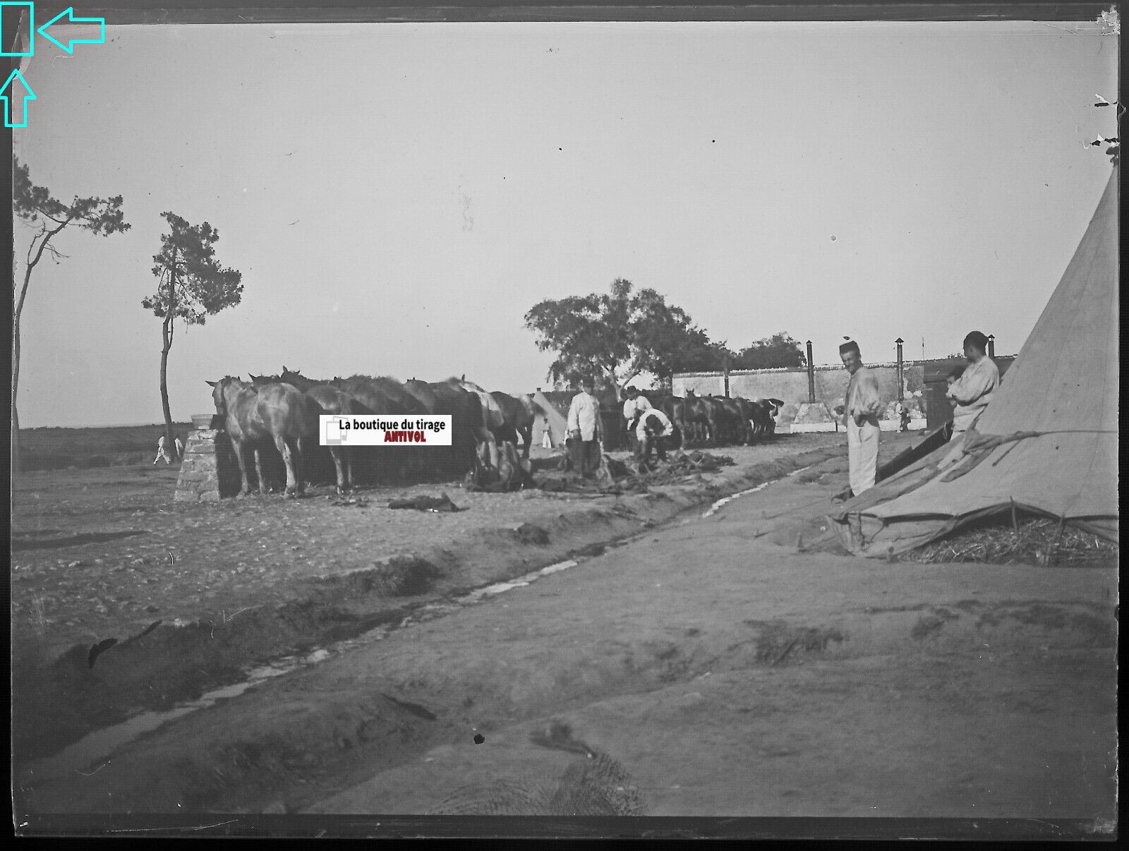 Camp militaire Meucon, Plaque verre photo ancienne, négatif noir & blanc 9x12 cm