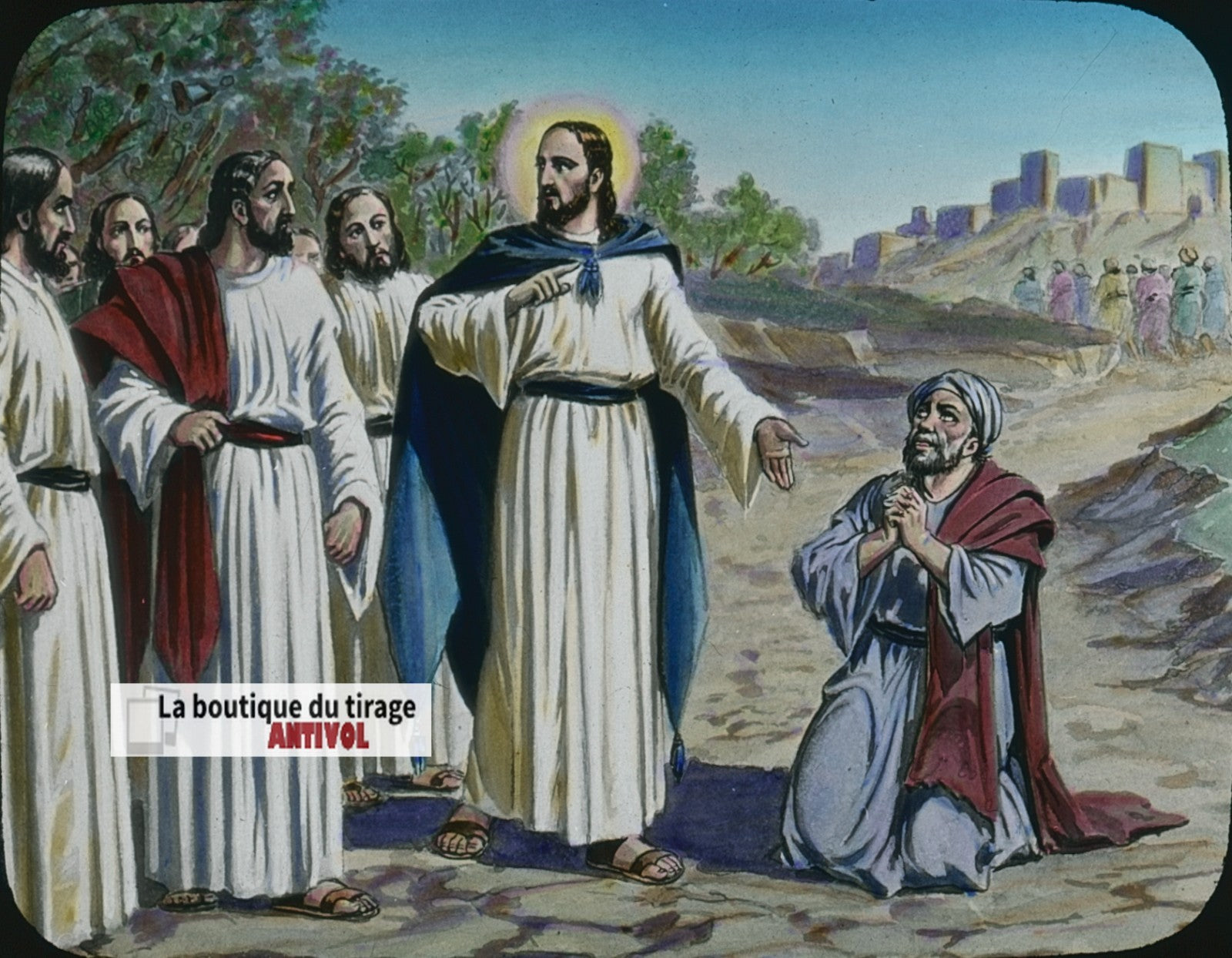 Les dix lépreux, Jésus, dessin, plaque verre ancienne, couleur 8,5x10 cm