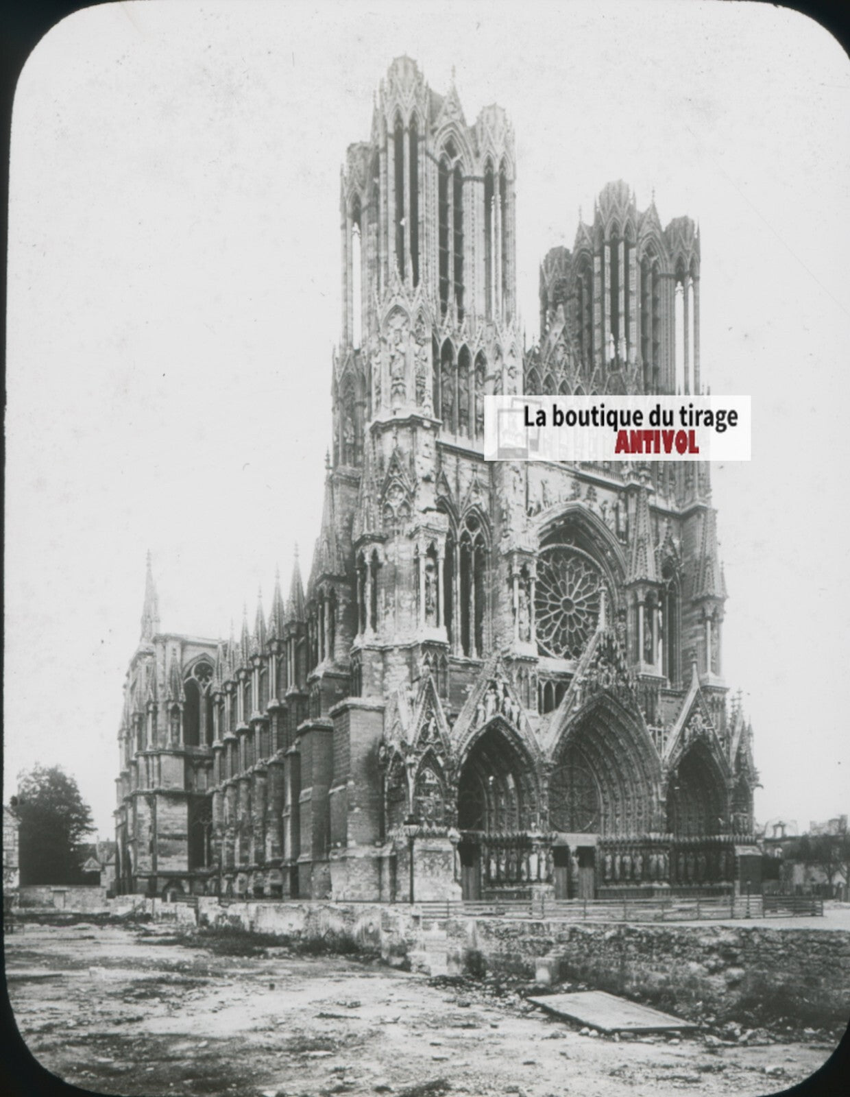 Reims après le bombardement, photo plaque verre, noir & blanc, positif 8,5x10 cm