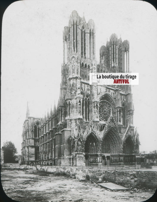 Reims après le bombardement, photo plaque verre, noir & blanc, positif 8,5x10 cm